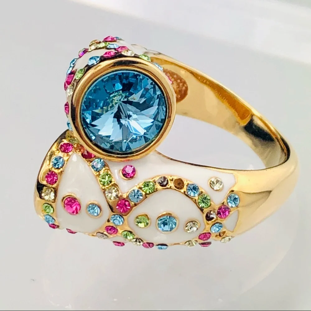 ROSS SIMONS SWAROVSKI CRYSTAL 18K GOLD OVER STERLING BRACELET EARRINGS RING - Picture 8 of 15